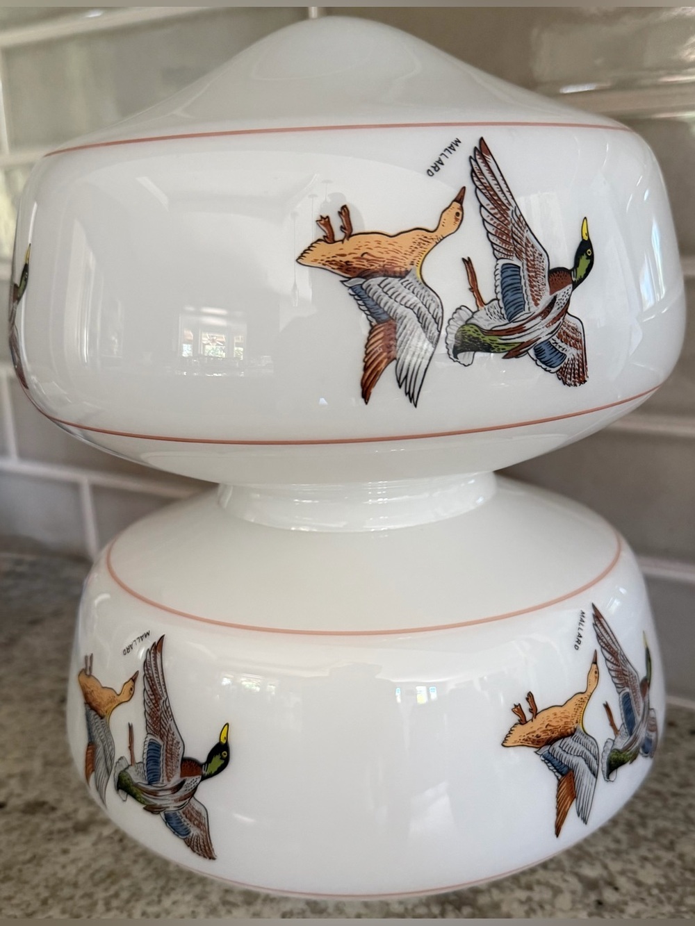 Vintage Milk Glass Hand Painted Mallard Ducks Light Fixture Shade 4'' Fitter - Picture 7 of 7